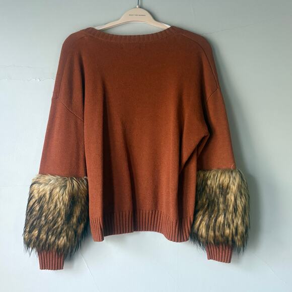 NAADAM Cashmere Sweater with Faux Fur Cuff Sleeves in Rust Brown - Picture 9 of 9